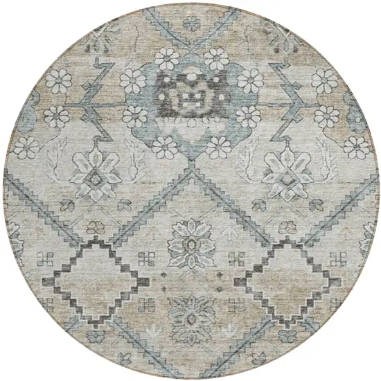 8' Beige Taupe And Tan Round Floral Washable Indoor Outdoor Area Rug Photo 2