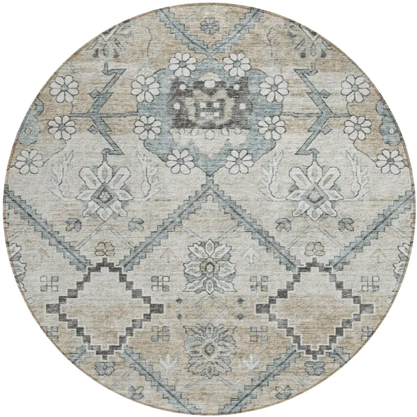 8' Beige Taupe And Tan Round Floral Washable Indoor Outdoor Area Rug Photo 2