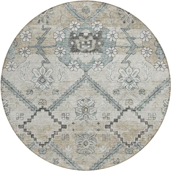 8' Beige Taupe And Tan Round Floral Washable Indoor Outdoor Area Rug Photo 2