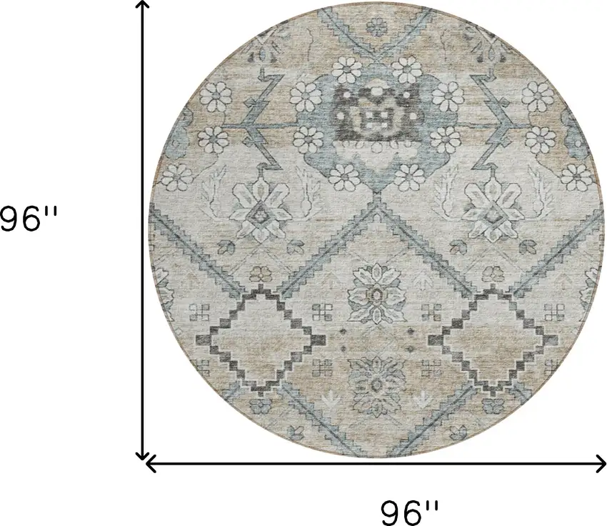 8' Beige Taupe And Tan Round Floral Washable Indoor Outdoor Area Rug Photo 3