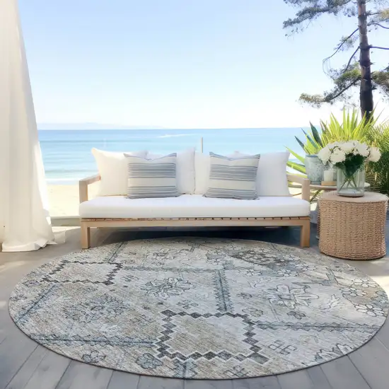 8' Beige Taupe And Tan Round Floral Washable Indoor Outdoor Area Rug Photo 7