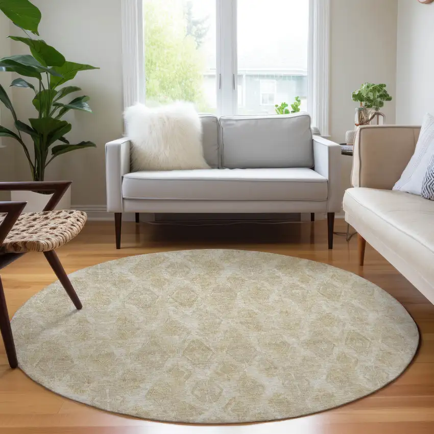 8' Beige Taupe And Tan Round Geometric Washable Indoor Outdoor Area Rug Photo 6