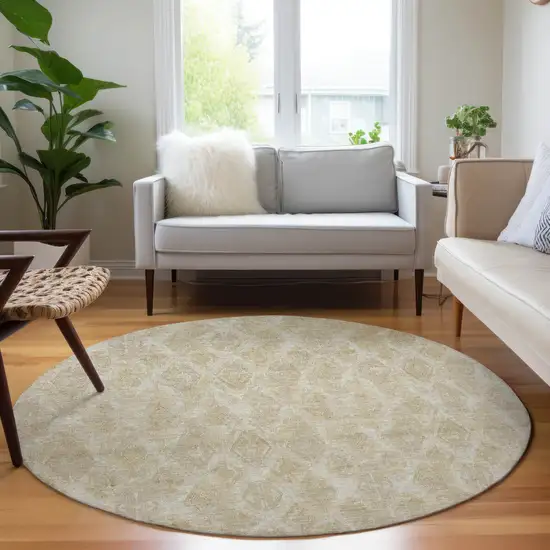 8' Beige Taupe And Tan Round Geometric Washable Indoor Outdoor Area Rug Photo 6