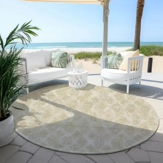 8' Beige Taupe And Tan Round Geometric Washable Indoor Outdoor Area Rug Photo 5
