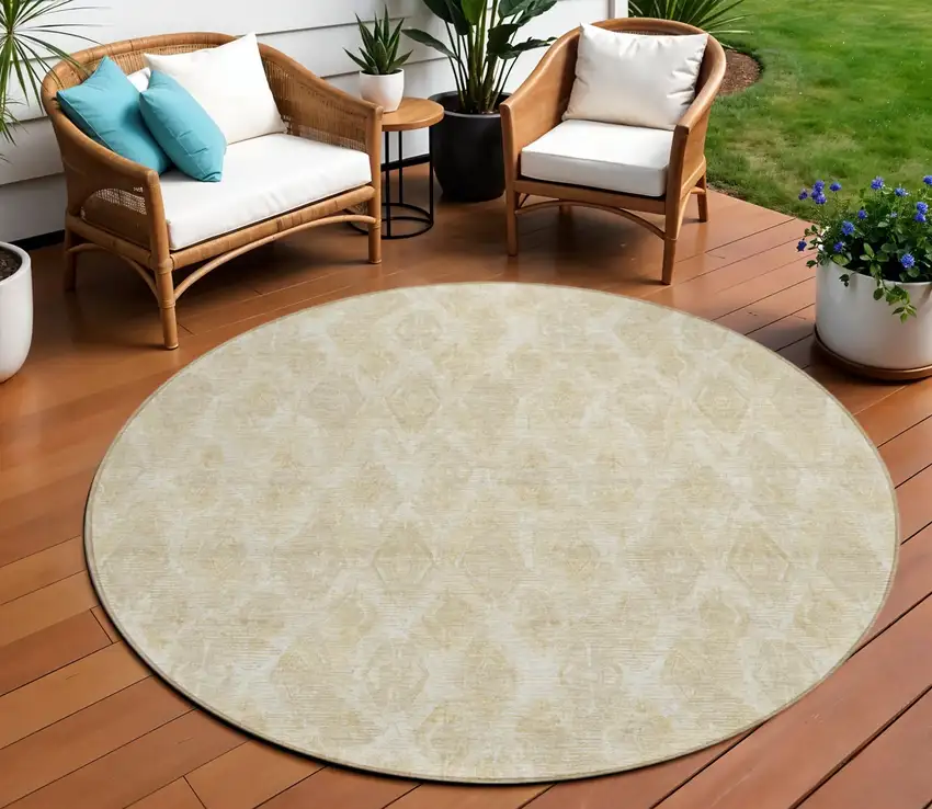 8' Beige Taupe And Tan Round Geometric Washable Indoor Outdoor Area Rug Photo 1