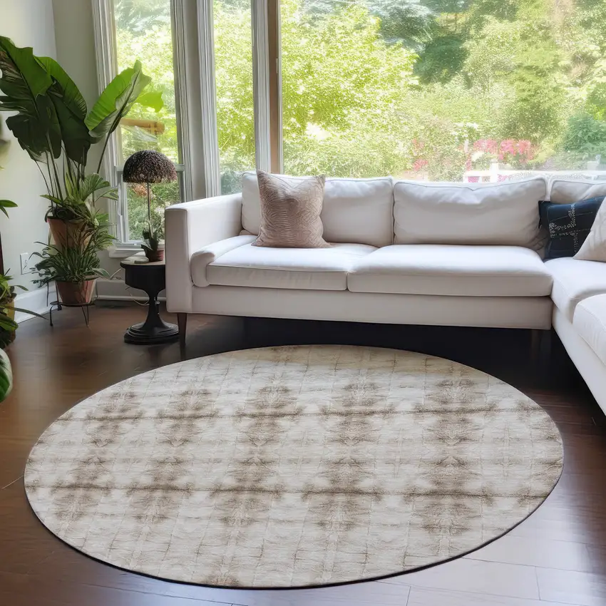 8' Beige Taupe And Tan Round Geometric Washable Indoor Outdoor Area Rug Photo 7