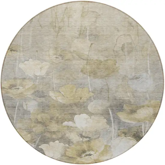 8' Beige Taupe And Wheat Round Floral Washable Indoor Outdoor Area Rug Photo 5