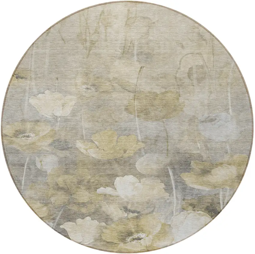 8' Beige Taupe And Wheat Round Floral Washable Indoor Outdoor Area Rug Photo 5