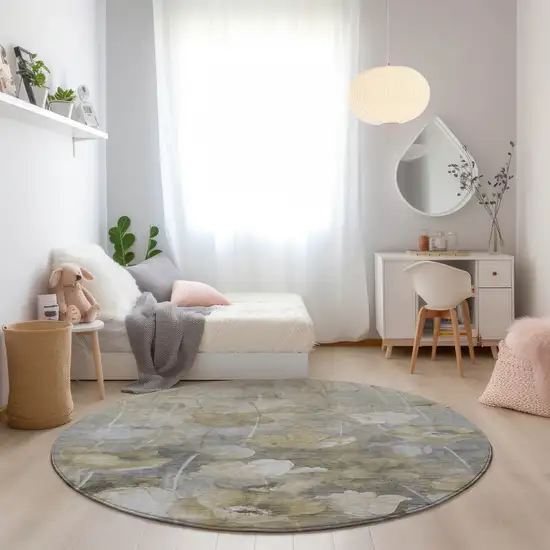 8' Beige Taupe And Wheat Round Floral Washable Indoor Outdoor Area Rug Photo 7