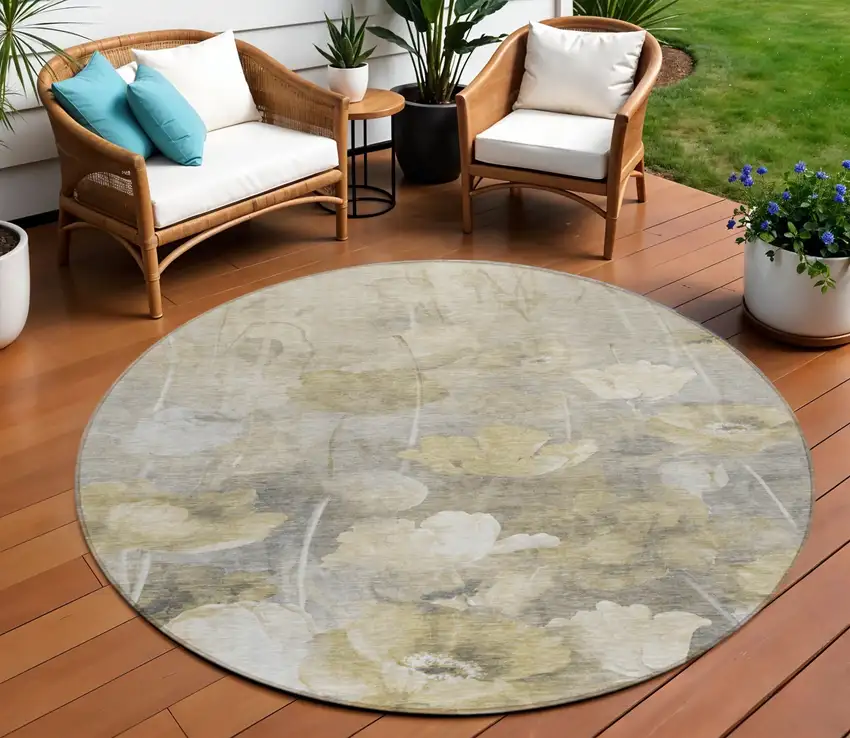 8' Beige Taupe And Wheat Round Floral Washable Indoor Outdoor Area Rug Photo 1