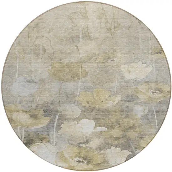 8' Beige Taupe And Wheat Round Floral Washable Indoor Outdoor Area Rug Photo 2