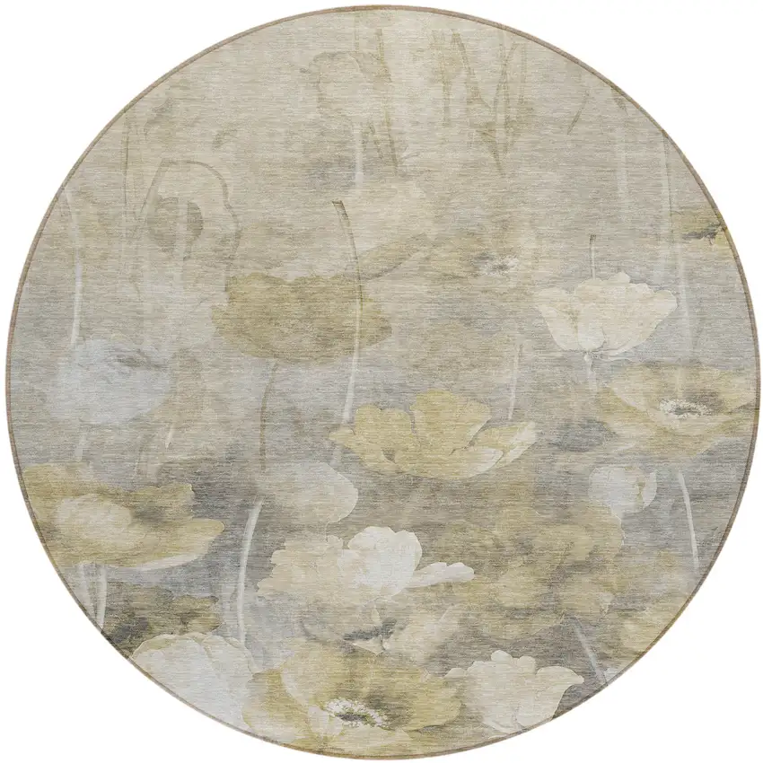 8' Beige Taupe And Wheat Round Floral Washable Indoor Outdoor Area Rug Photo 2