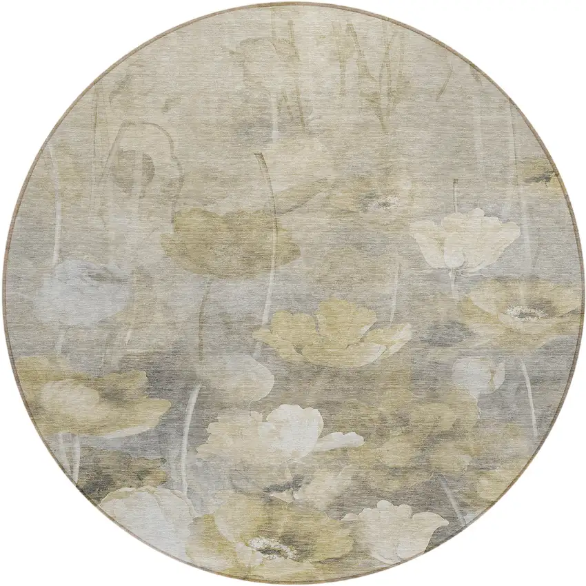 8' Beige Taupe And Wheat Round Floral Washable Indoor Outdoor Area Rug Photo 2