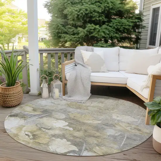 8' Beige Taupe And Wheat Round Floral Washable Indoor Outdoor Area Rug Photo 6