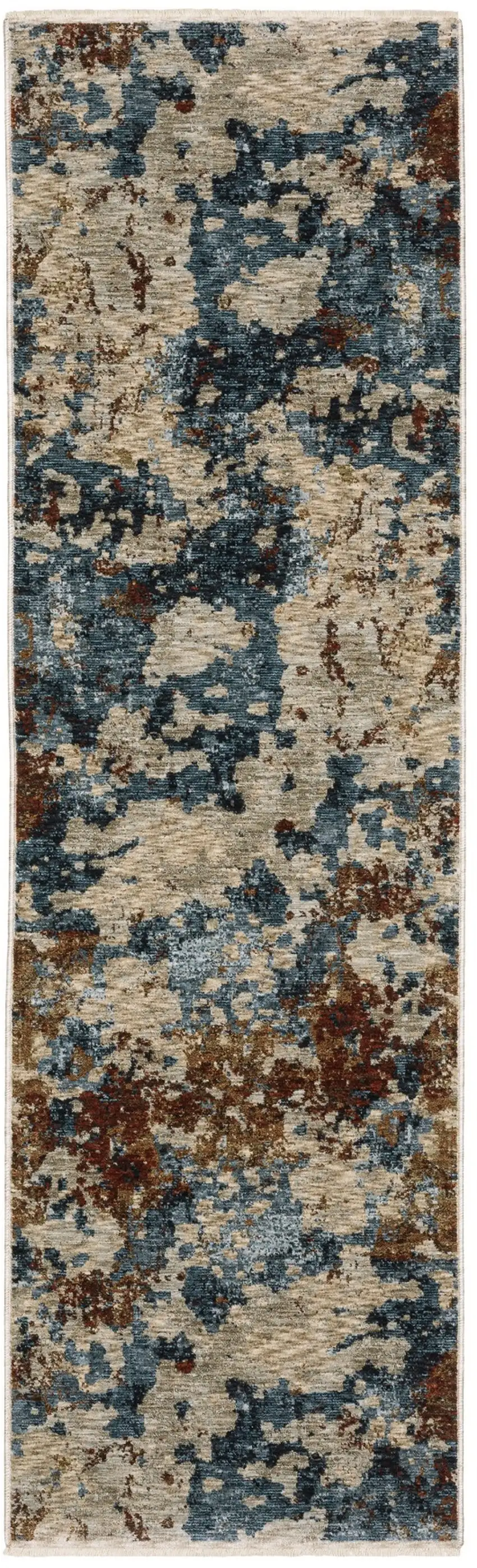 8' Beige Teal And Brown Abstract Runner Rug With Fringe Photo 2