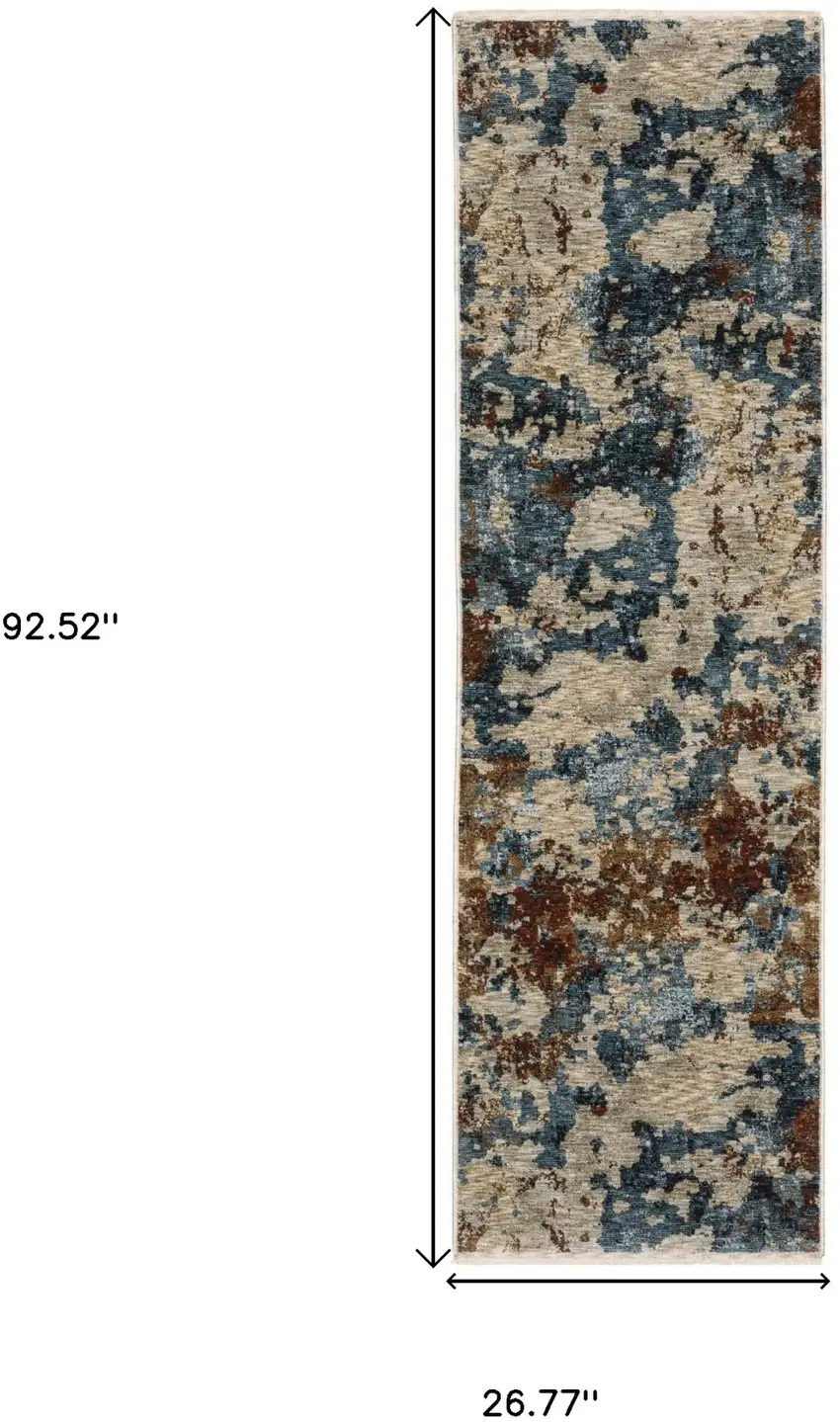 8' Beige Teal And Brown Abstract Runner Rug With Fringe Photo 3