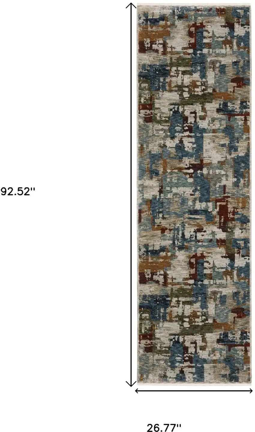 8' Beige Teal And Brown Abstract Runner Rug With Fringe Photo 3