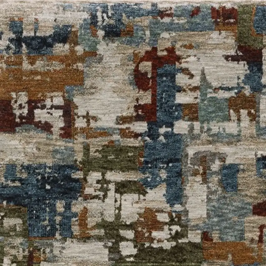 8' Beige Teal And Brown Abstract Runner Rug With Fringe Photo 5