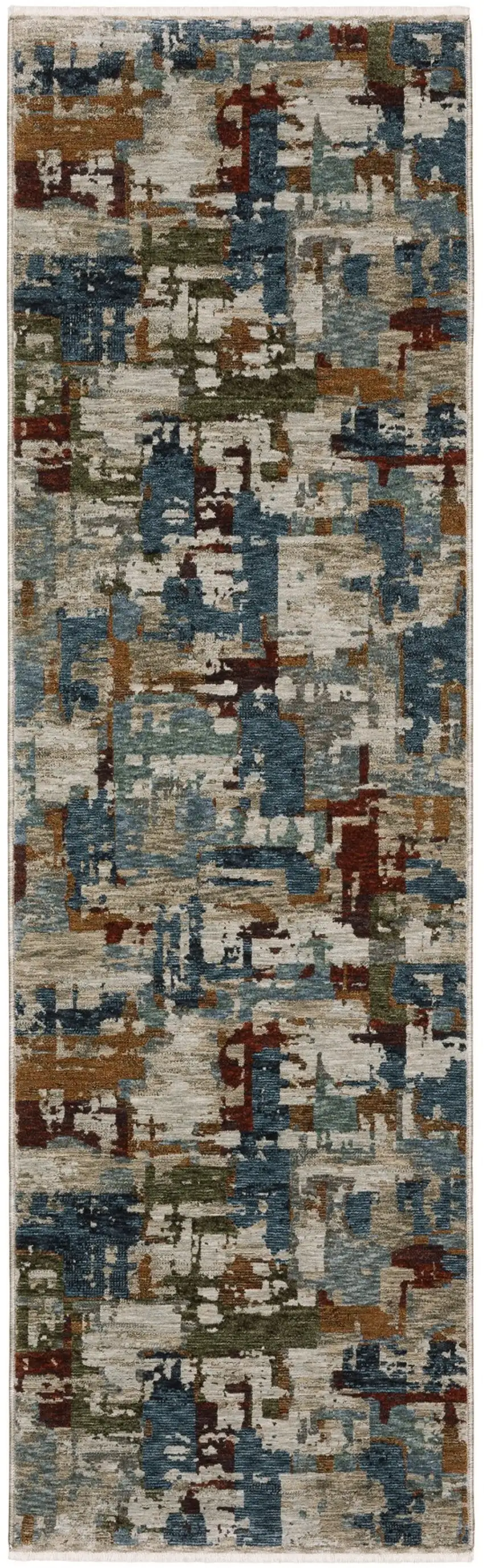 8' Beige Teal And Brown Abstract Runner Rug With Fringe Photo 2