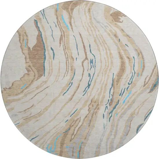 8' Beige Teal And Brown Abstract Washable Round Rug With UV Protection Photo 1