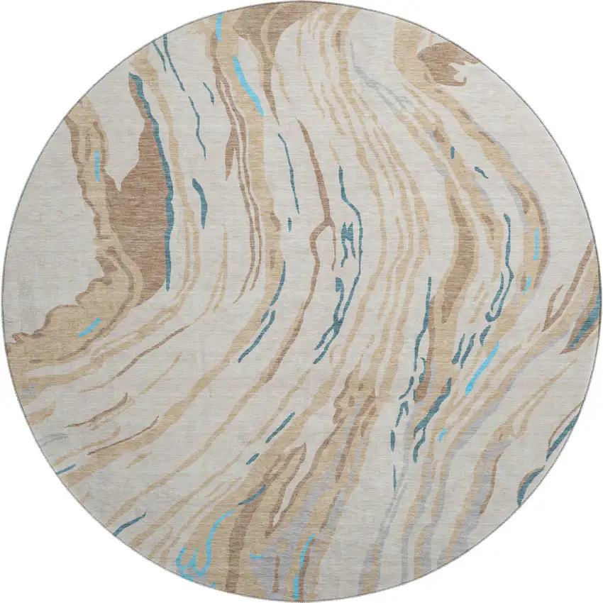 8' Beige Teal And Brown Abstract Washable Round Rug With UV Protection Photo 1