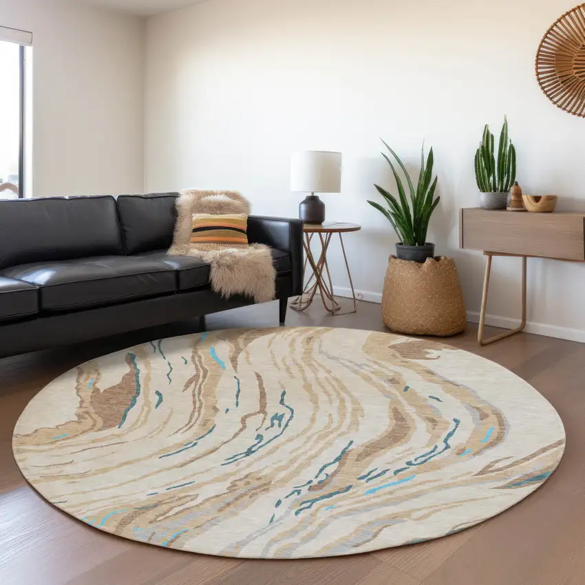 8' Beige Teal And Brown Abstract Washable Round Rug With UV Protection Photo 3