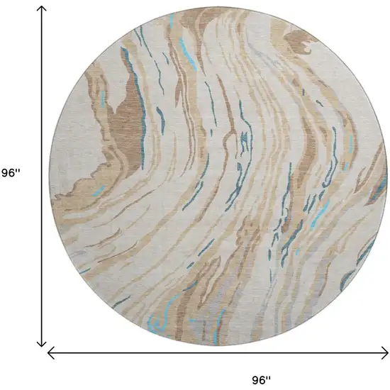 8' Beige Teal And Brown Abstract Washable Round Rug With UV Protection Photo 8