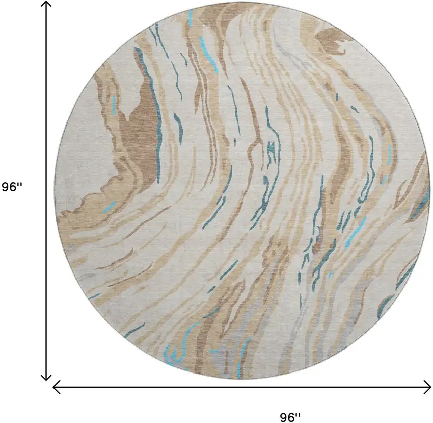 8' Beige Teal And Brown Abstract Washable Round Rug With UV Protection Photo 8