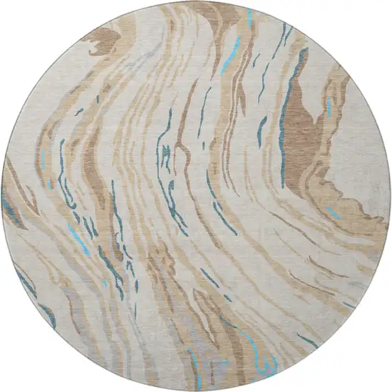 8' Beige Teal And Brown Abstract Washable Round Rug With UV Protection Photo 2