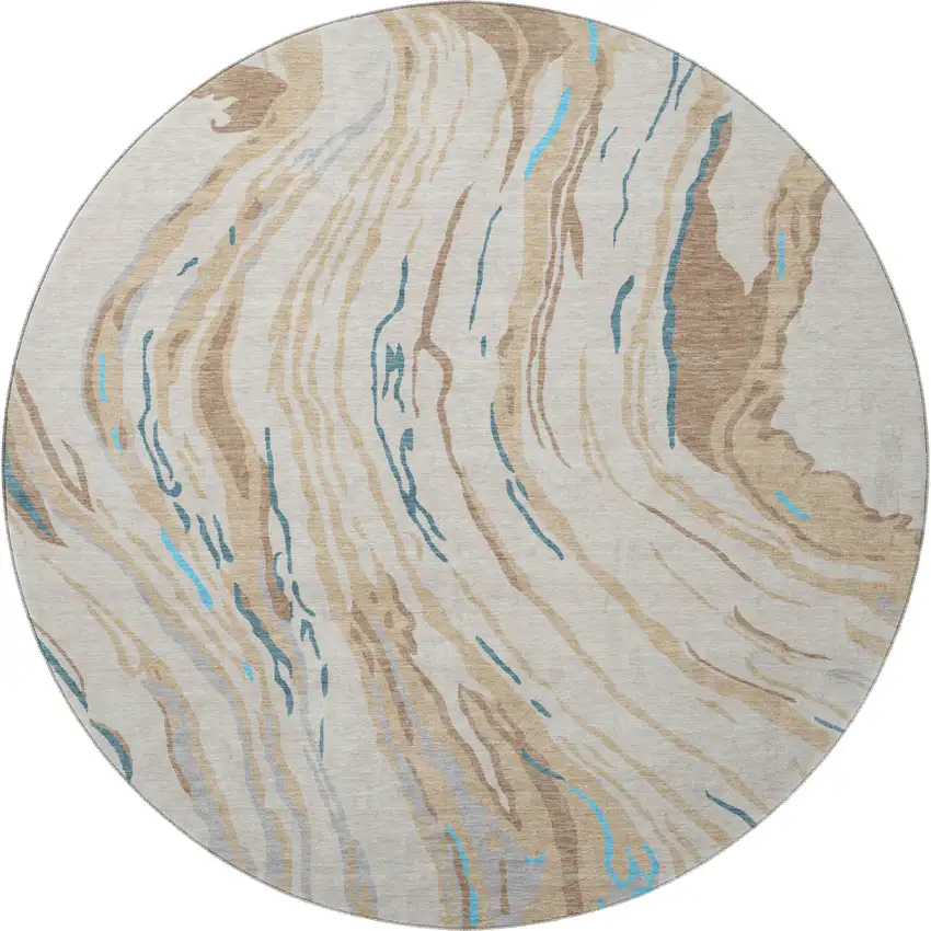 8' Beige Teal And Brown Abstract Washable Round Rug With UV Protection Photo 2