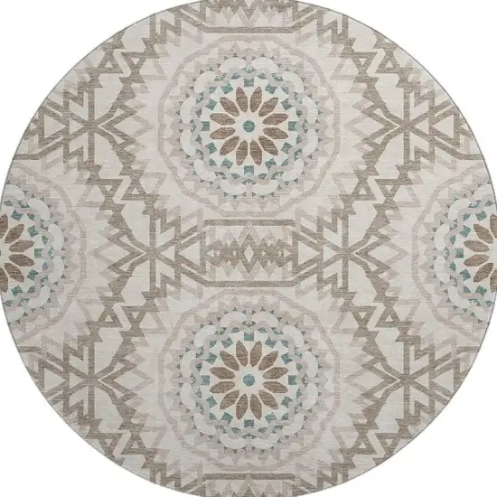 8' Beige Teal And Brown Geometric Washable Round Rug With UV Protection Photo 3