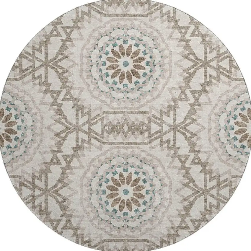 8' Beige Teal And Brown Geometric Washable Round Rug With UV Protection Photo 3