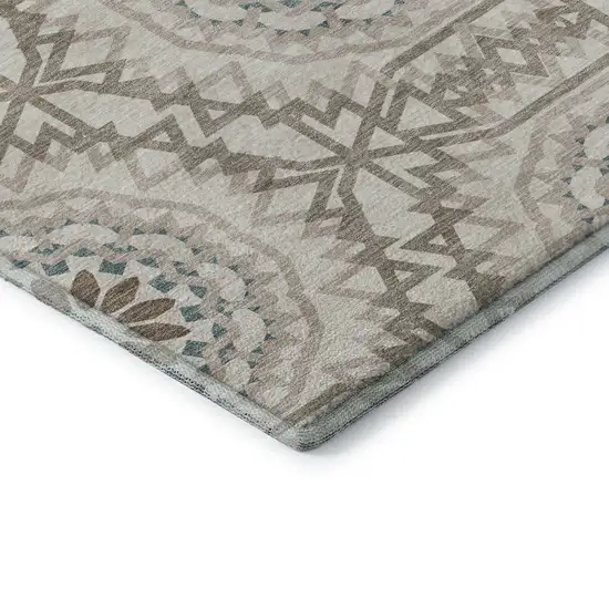 8' Beige Teal And Brown Geometric Washable Round Rug With UV Protection Photo 7