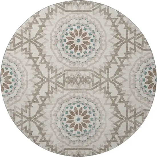 8' Beige Teal And Brown Geometric Washable Round Rug With UV Protection Photo 4