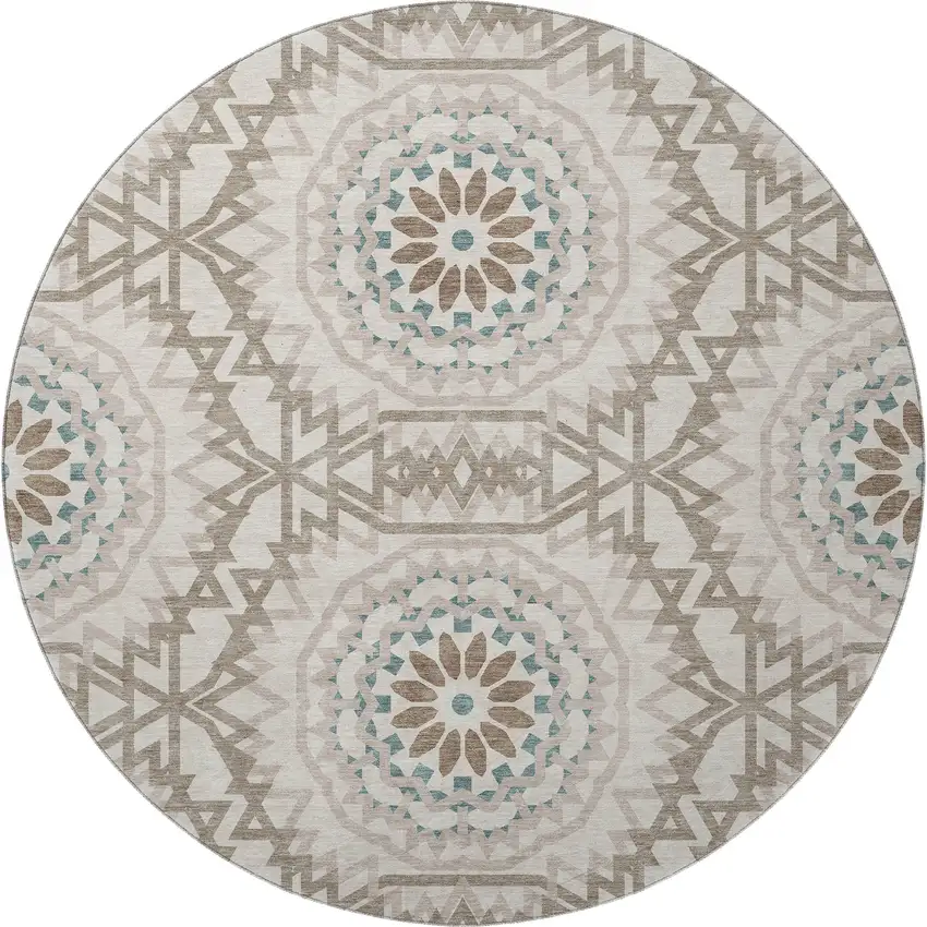 8' Beige Teal And Brown Geometric Washable Round Rug With UV Protection Photo 4