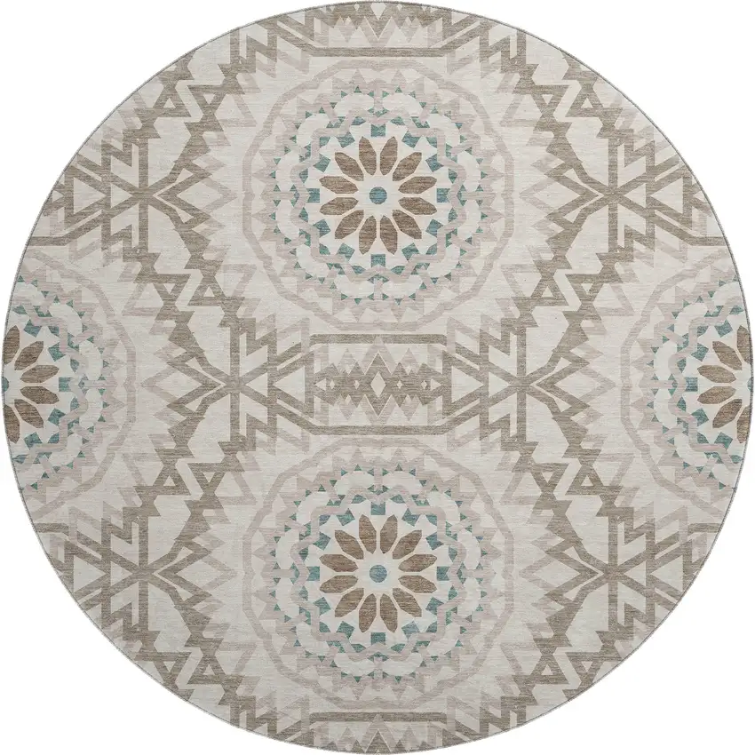 8' Beige Teal And Brown Geometric Washable Round Rug With UV Protection Photo 1