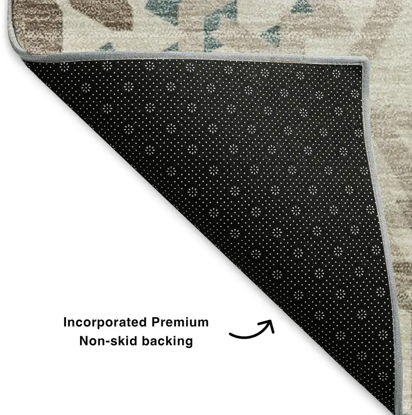 8' Beige Teal And Brown Geometric Washable Round Rug With UV Protection Photo 6