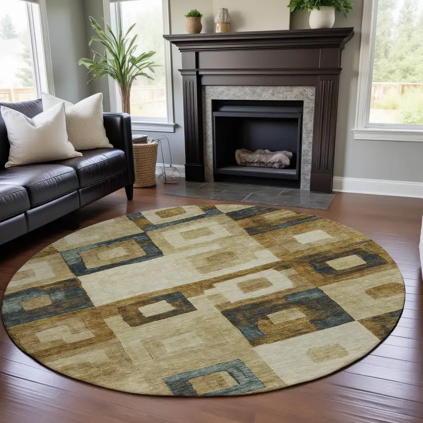 8' Beige Teal And Gold Geometric Washable Round Rug With UV Protection Photo 4