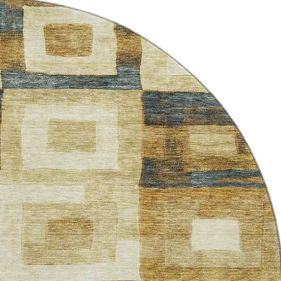 8' Beige Teal And Gold Geometric Washable Round Rug With UV Protection Photo 2