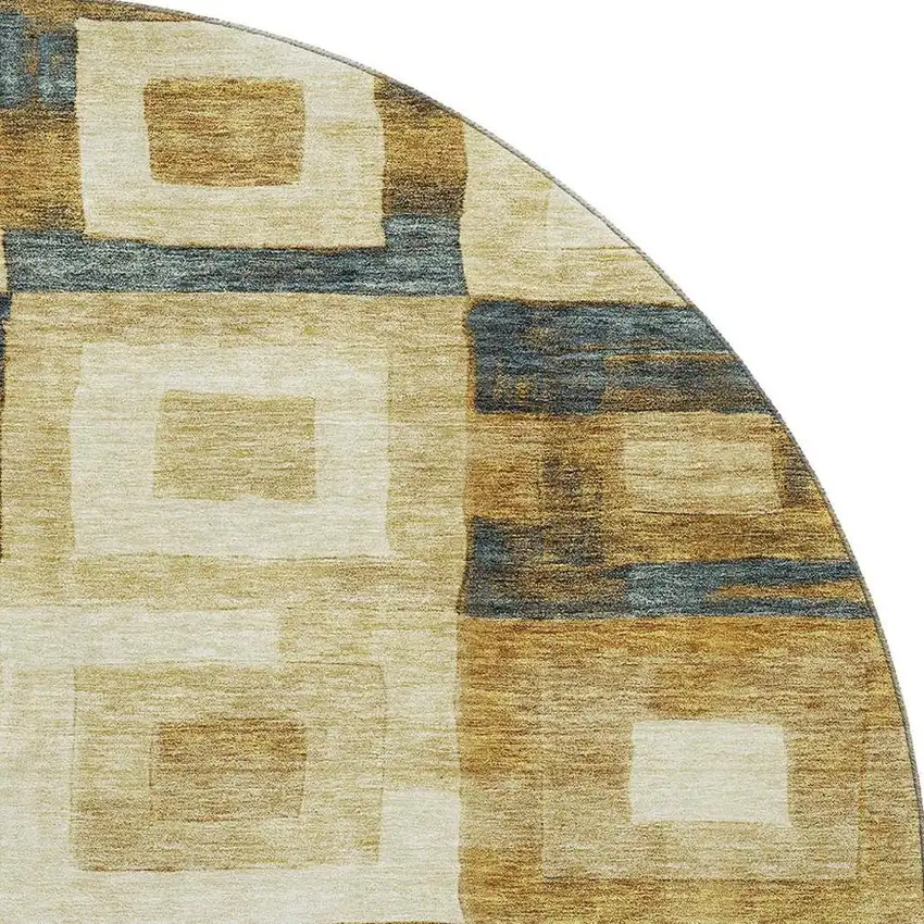 8' Beige Teal And Gold Geometric Washable Round Rug With UV Protection Photo 2