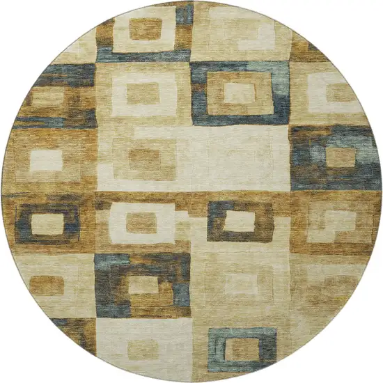 8' Beige Teal And Gold Geometric Washable Round Rug With UV Protection Photo 3