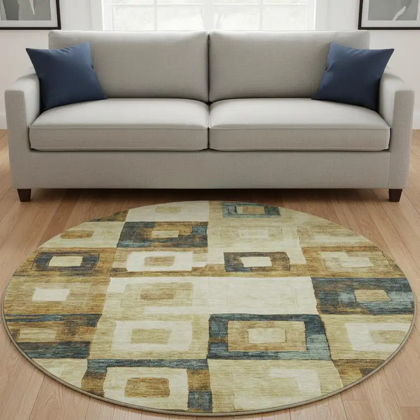 8' Beige Teal And Gold Geometric Washable Round Rug With UV Protection Photo 2