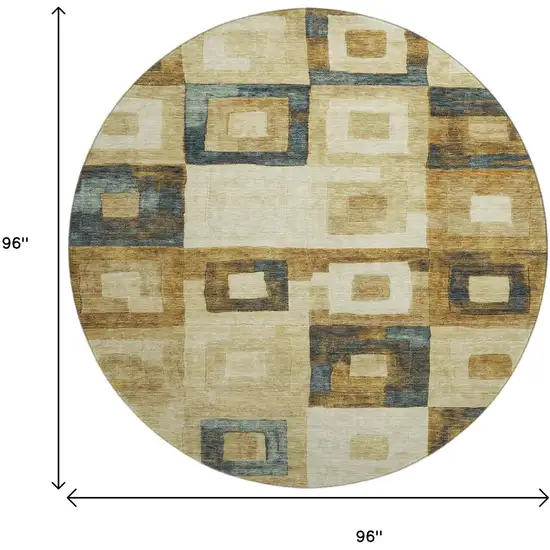 8' Beige Teal And Gold Geometric Washable Round Rug With UV Protection Photo 9