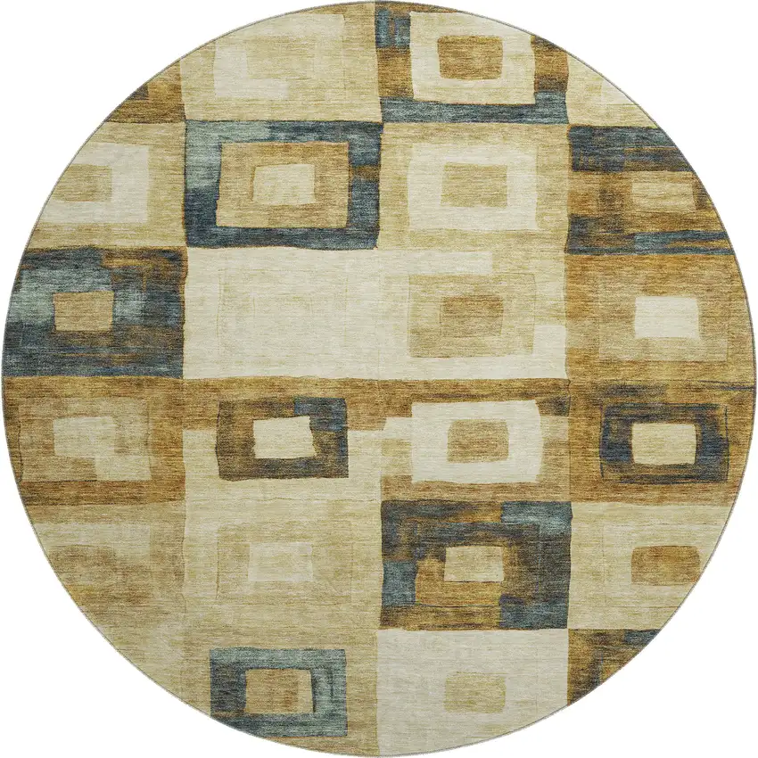 8' Beige Teal And Gold Geometric Washable Round Rug With UV Protection Photo 1