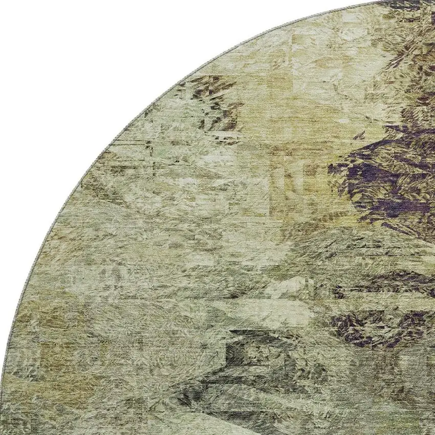 8' Beige Teal And Olive Green Abstract Washable Round Rug With UV Protection Photo 3