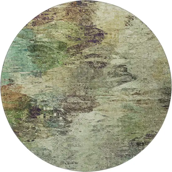 8' Beige Teal And Olive Green Abstract Washable Round Rug With UV Protection Photo 4