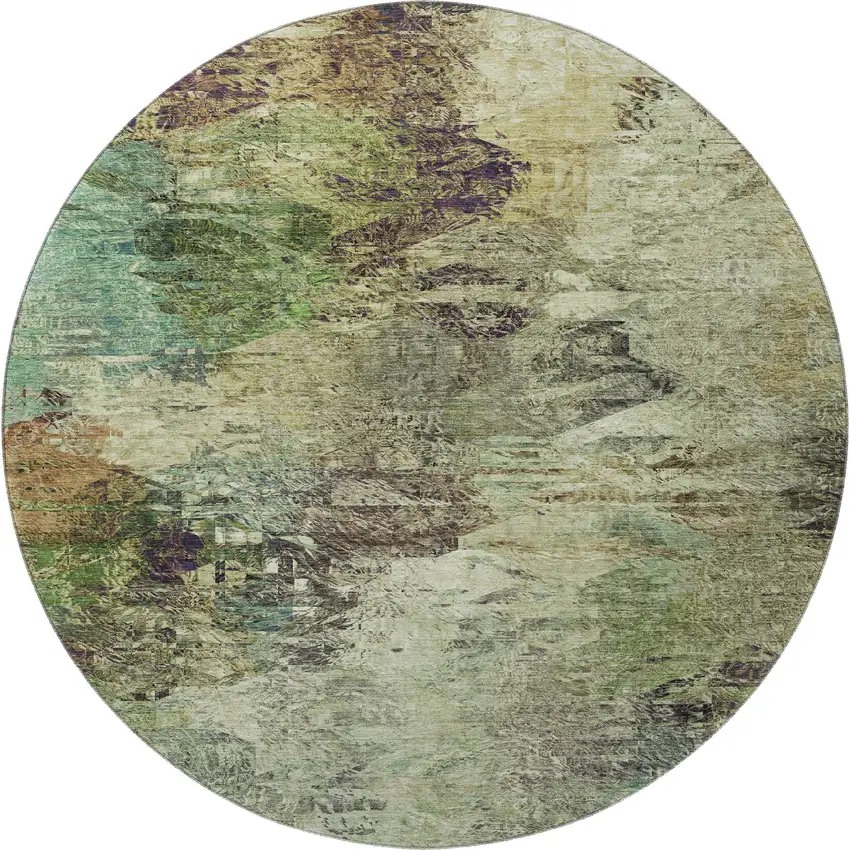 8' Beige Teal And Olive Green Abstract Washable Round Rug With UV Protection Photo 4