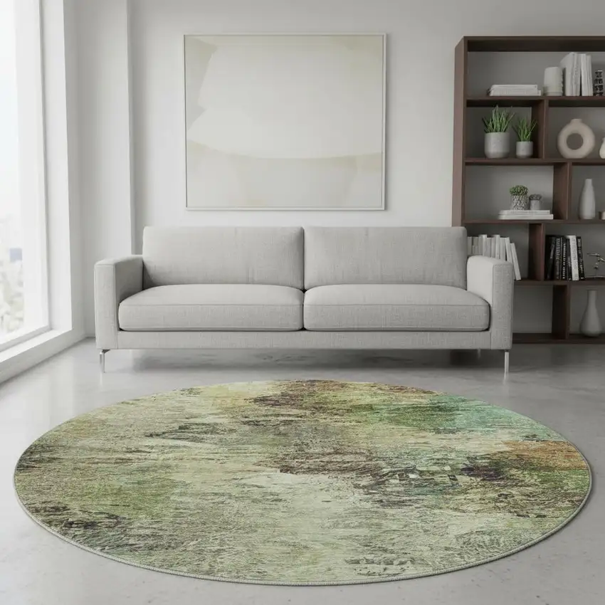 8' Beige Teal And Olive Green Abstract Washable Round Rug With UV Protection Photo 2