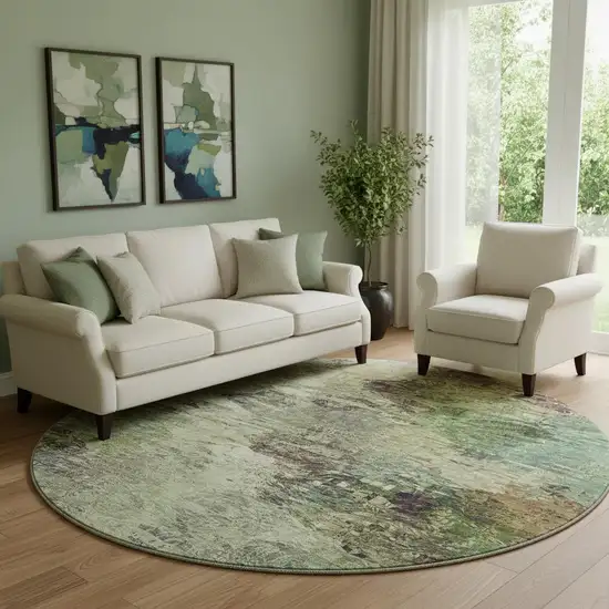 8' Beige Teal And Olive Green Abstract Washable Round Rug With UV Protection Photo 1