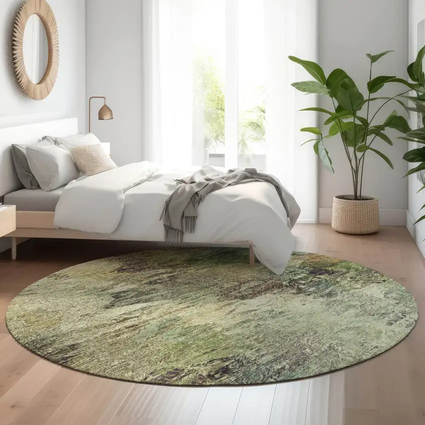 8' Beige Teal And Olive Green Abstract Washable Round Rug With UV Protection Photo 5